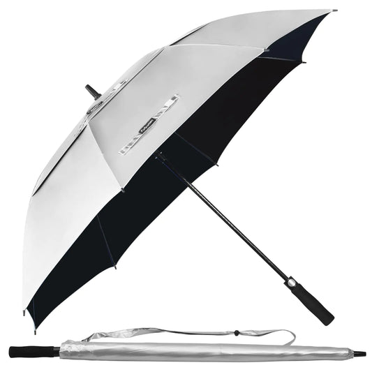 Fulynmen 54 Inch UPF 50+ Sun Umbrella UV Protection UV Umbrellas For Sun Protection Large Golf Umbrella Windproof UV Protection Umbrella Double Canopy Vented Auto Open Silver/Black