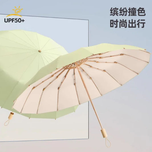 UV UPF50+ Protection Folding Sun Umbrella Women, Windproof 16 Bone, Color Glue Sun Protection Parasol Rain and Shine Umbrellas