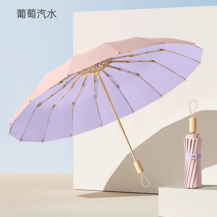 UV UPF50+ Protection Folding Sun Umbrella Women, Windproof 16 Bone, Color Glue Sun Protection Parasol Rain and Shine Umbrellas