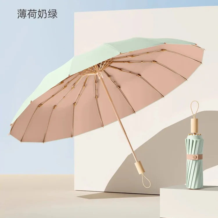 UV UPF50+ Protection Folding Sun Umbrella Women, Windproof 16 Bone, Color Glue Sun Protection Parasol Rain and Shine Umbrellas